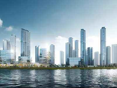 Modern Waterfront Commercial Complex With High Rise Buildings And Urban Skyline 3d model