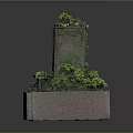 Miniature Tower Model With Moss Covered Structure And Surrounding Green Plants