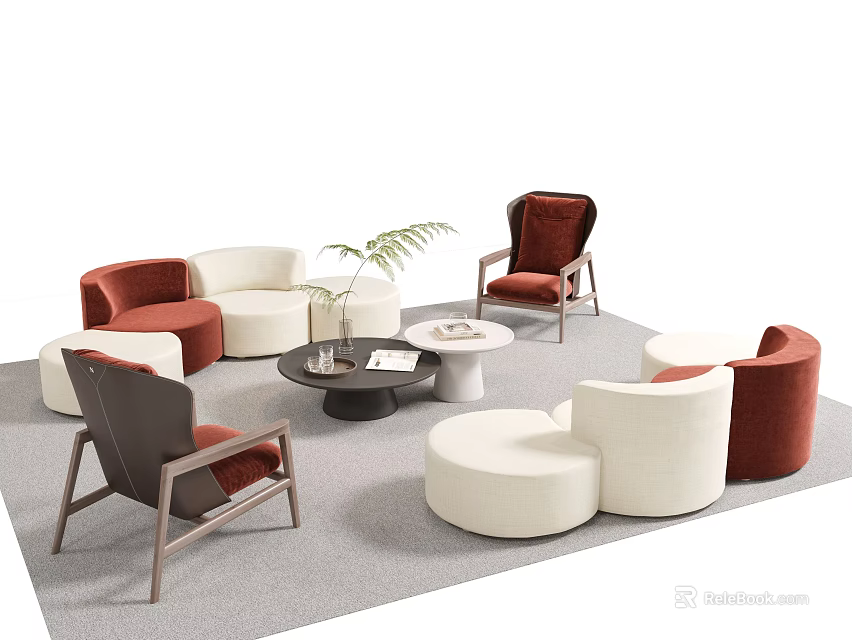 Modern Sofa And Coffee Table Set With Maroon White Velvet Sofas Round Stools Accent Chairs 3d model