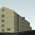Office Building With Brick Exterior Multiple Windows Dark Roof And Glass Entrance