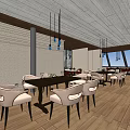 Elegant Restaurant Interior With Wooden Floor Tables Chairs Hanging Lights And Large Windows