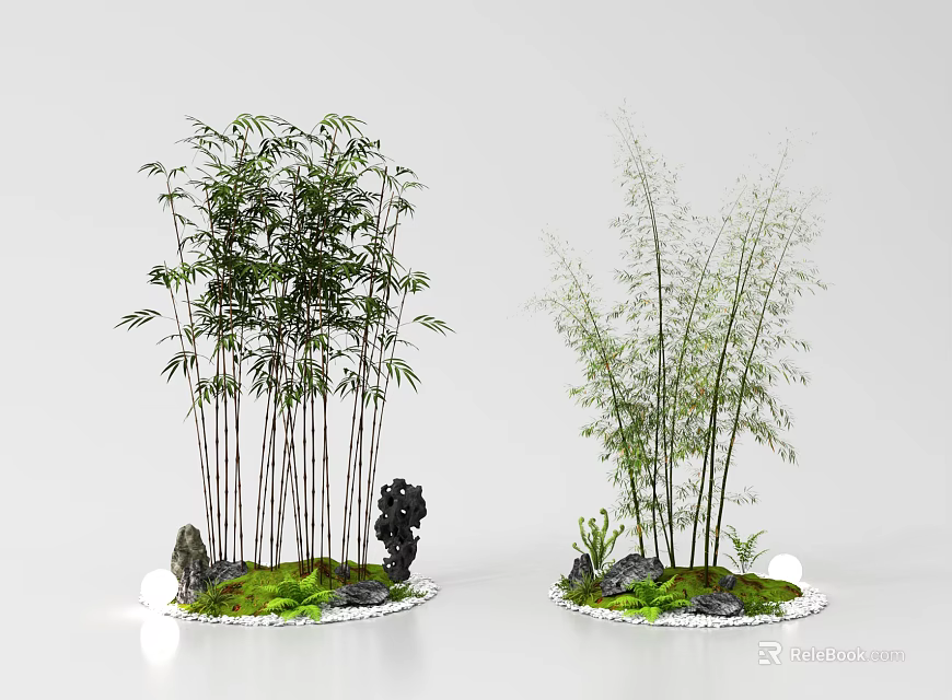 Decorative Bamboo Plants with Stones Moss and Black Statue in Miniature Landscapes 3d model 