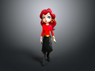 3D Cartoon Woman with Red Hair Red Top Black Skirt Black Boots Gold Belt Bracelets 3d model