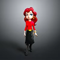 3D Cartoon Woman with Red Hair Red Top Black Skirt Black Boots Gold Belt Bracelets