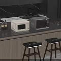 Two Microwaves On Dark Kitchen Countertop With Black Marble Backsplash And Wine Bottle
