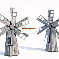 Two Rustic Wooden Windmill Architectural Components With Ladder And Rotating Blades