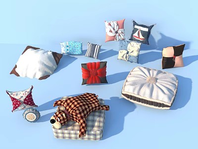 Assorted Decorative Throw Pillows With Plaid Striped Floral Patterns And Bow Accents 3d model