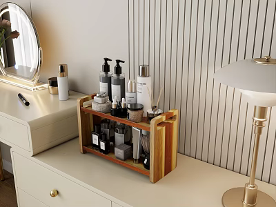 Wooden Multi Tiered Shelf Organizing Skincare And Cosmetics On Dressing Table 3d model