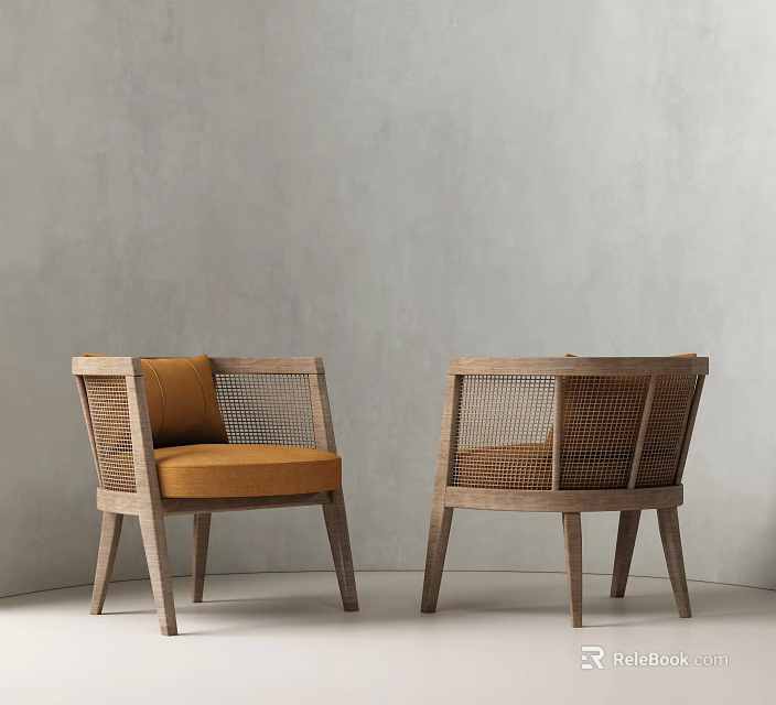 Set Of Two Accent Chairs With Wooden Frame Rattan Details And Orange Cushion 3d model 