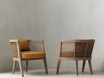 Set Of Two Accent Chairs With Wooden Frame Rattan Details And Orange Cushion 3d model