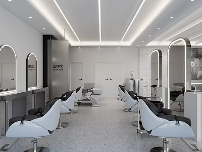 Modern Hair Salon Interior Design With White Styling Chairs Mirrors And Lighting 3d model