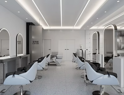Modern Hair Salon Interior Design With White Styling Chairs Mirrors And Lighting 3d model