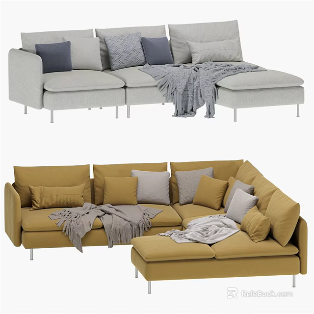 Light Gray And Yellow Sectional Sofa Featuring Decorative Pillows And Cozy Throw Blankets 3d model