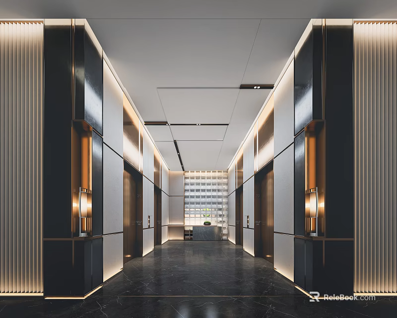Elegant Modern Elevator Hallway Interior Design With Marble Floor And Recessed Lighting Metal Accents 3d model 