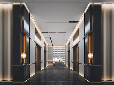 Elegant Modern Elevator Hallway Interior Design With Marble Floor And Recessed Lighting Metal Accents 3d model