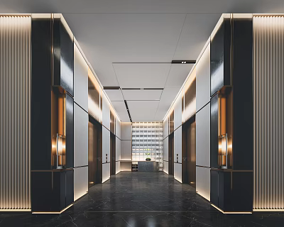 Elegant Modern Elevator Hallway Interior Design With Marble Floor And Recessed Lighting Metal Accents 3d model