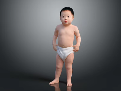 Adorable Small Baby Standing In White Diaper With Hands On Belly Against Gray Background 3d model