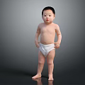 Adorable Small Baby Standing In White Diaper With Hands On Belly Against Gray Background