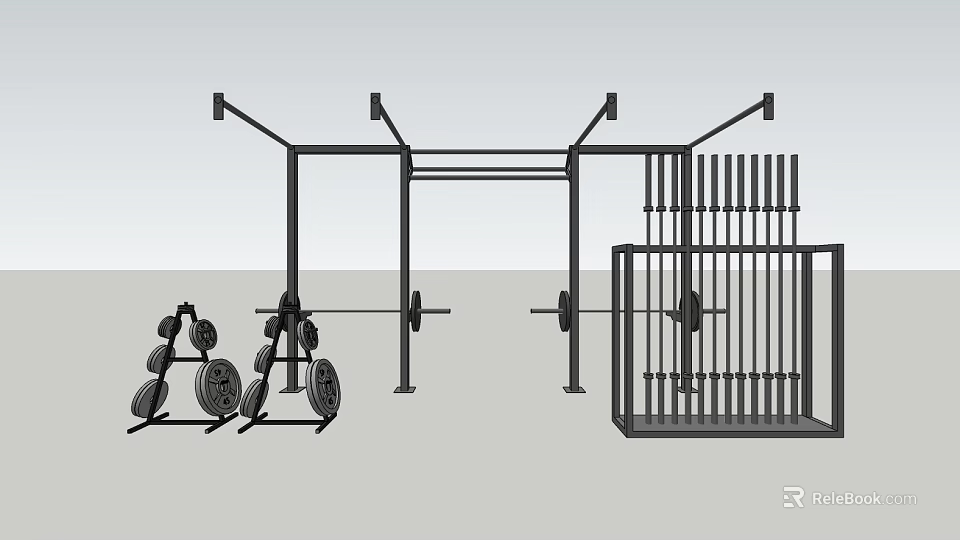 Sports Equipment For Fitness Gym Setup Including Pull Up Bars Barbells Dumbbells And Squat Rack 3d model 