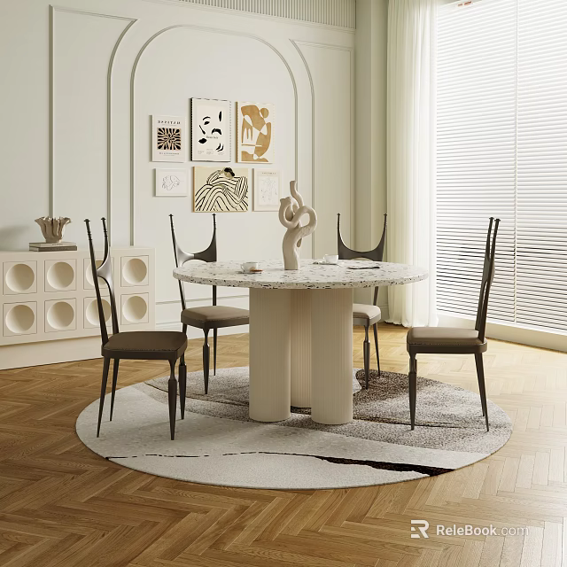 Modern Round Dining Table Set With Marble Top Four Chairs And Decorative Wall Art 3d model