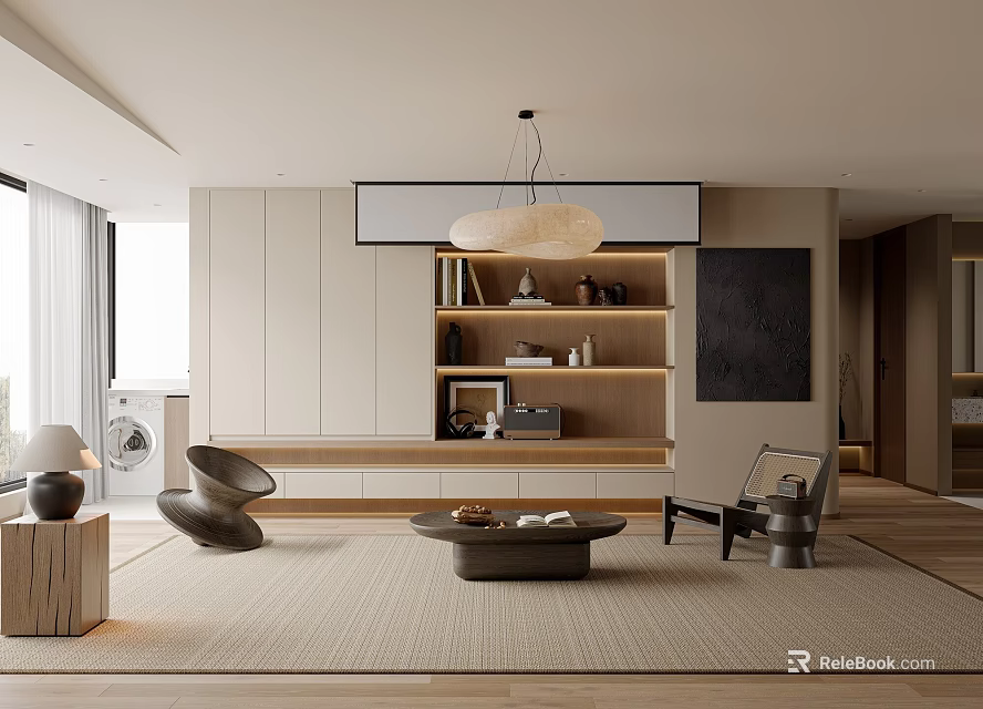 Modern Living and Dining Room Interior Design With Pendant Light Bookshelf Sofa And Coffee Table 3d model 