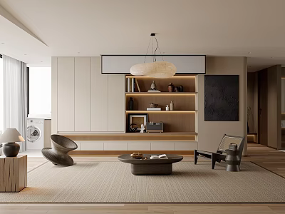 Modern Living and Dining Room Interior Design With Pendant Light Bookshelf Sofa And Coffee Table 3d model