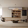 Modern Living and Dining Room Interior Design With Pendant Light Bookshelf Sofa And Coffee Table
