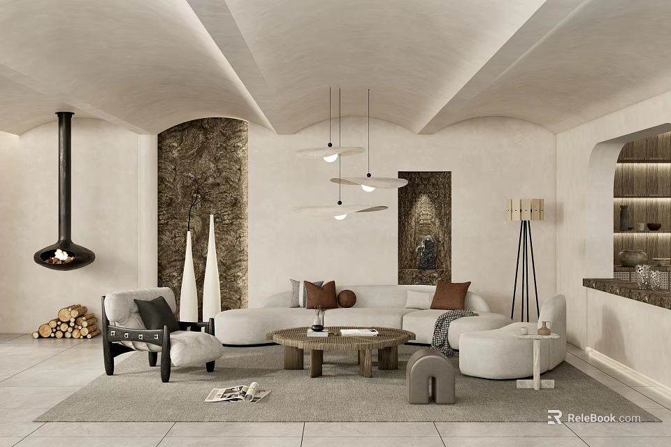 Modern Living Room Interior With Arched Stone Walls Fireplace And Pendant Lights 3d model 