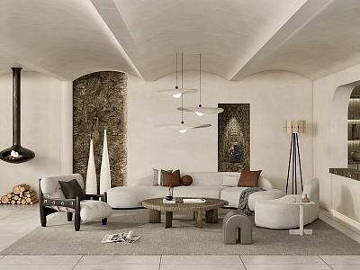 Modern Living Room Interior With Arched Stone Walls Fireplace And Pendant Lights 3d model
