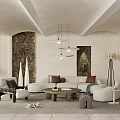Modern Living Room Interior With Arched Stone Walls Fireplace And Pendant Lights