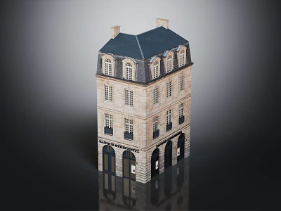European Style Multi Story Building With Light Facade Dark Roof And Arched Doors 3d model