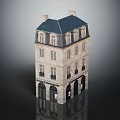 European Style Multi Story Building With Light Facade Dark Roof And Arched Doors