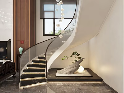 Modern Interior Staircase Design With Glass Railing Wooden Accents Stone Sculpture And Hanging Lights 3d model
