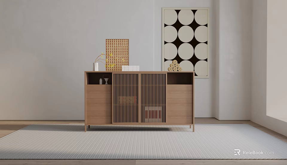 Modern Minimalist Wooden Console Table With Slatted Doors Decorative Items And Geometric Wall Art 3d model 