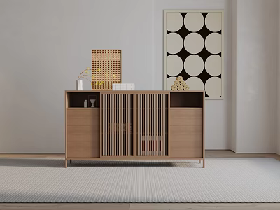 Modern Minimalist Wooden Console Table With Slatted Doors Decorative Items And Geometric Wall Art 3d model