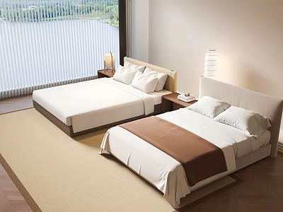 Double Beds With White Beddings Brown Blanket Lake View Window Blinds And Nightstands 3d model