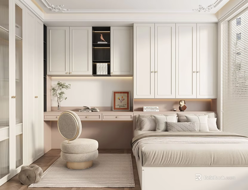 Modern Light Colored Tatami Bedroom With White Cabinetry Dressing Table And Round Chair Rug 3d model 
