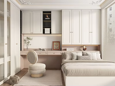 Modern Light Colored Tatami Bedroom With White Cabinetry Dressing Table And Round Chair Rug 3d model
