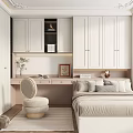 Modern Light Colored Tatami Bedroom With White Cabinetry Dressing Table And Round Chair Rug
