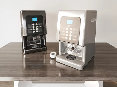 Modern Black And Silver Kitchen Coffee Makers With Digital Display Buttons On Wooden Table 3d model