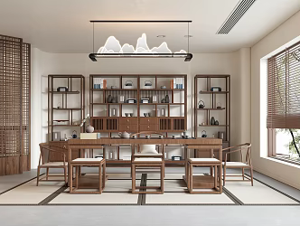 New Chinese Style Tea Room Tea Table and Chair Tea Room Cabinet Antique Frame Chandelier Screen Carpet 3d model