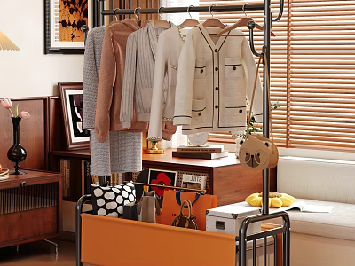 Metal Clothes Rack With Hanging Clothes And Storage Basket In Indoor Setting With Wooden Furniture 3d model