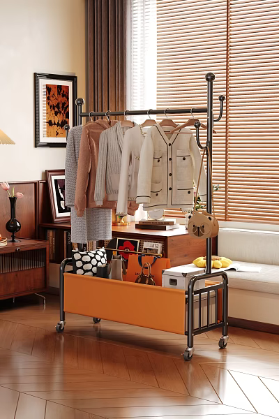 Metal Clothes Rack With Hanging Clothes And Storage Basket In Indoor Setting With Wooden Furniture 3d model