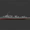 Naval Warship with Gray Hull Red Bottom Turrets Mast and Military Equipment on Deck