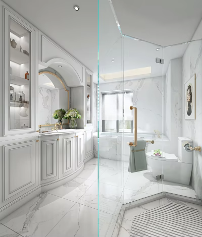 Modern Bathroom Marble Floor With White Cabinets Bathtub Mirror And Plants 3d model