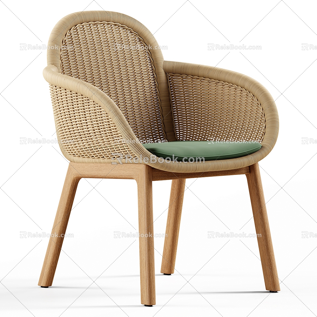 Kettal New Chinese Style Solid Wood Rattan Casual Chair 3d model