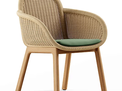 Stylish Rattan Leisure Chair With Wooden Frame And Green Seat Cushion 3d model