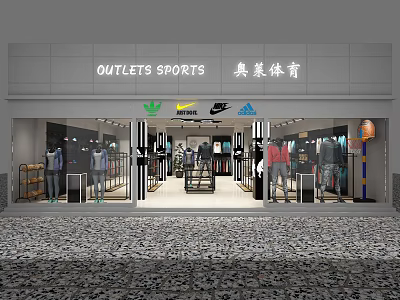 Outlets Sports Clothing Store Featuring Top Brand Logos And Window Displays 3d model