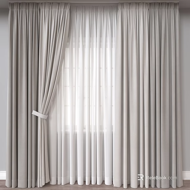 Light Gray Velvet Curtains With White Sheer Panels For Modern Window Light 3d model 