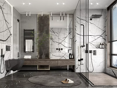 Modern Bathroom Interior With Marble Walls Dark Wooden Vanity And Glass Shower Enclosure 3d model
